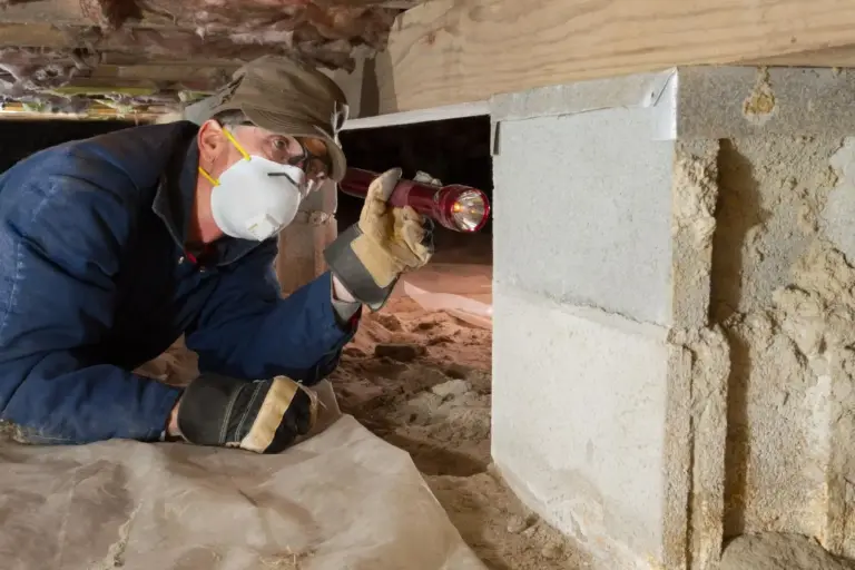A worker in a respirator mask inspecting a crawl space with a flashlight