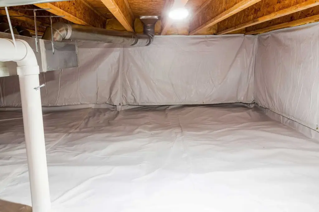 An encapsulated crawl space, its floor and walls lined with a white vapor barrier