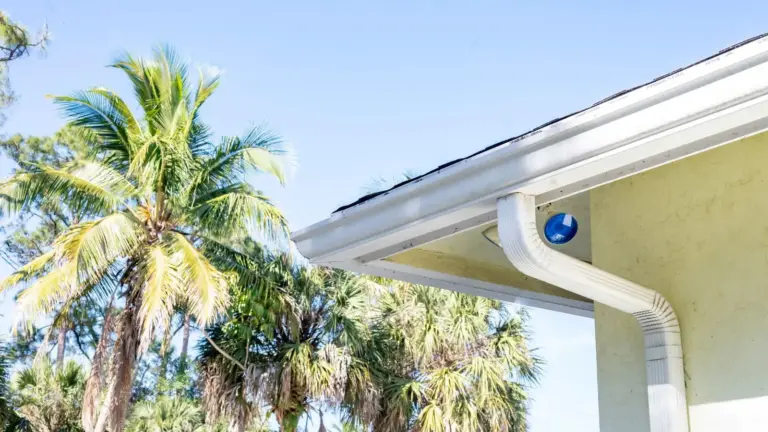 A white gutter and downspout on a yellow house, with palm trees against a blue sky