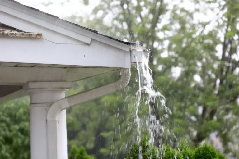 Rainwater pouring over the corner of a white gutter beside its downspout