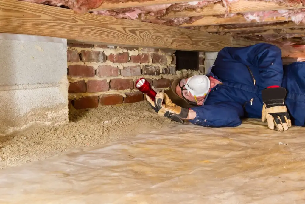 A worker in a hard hat inspecting a crawl space with a flashlight