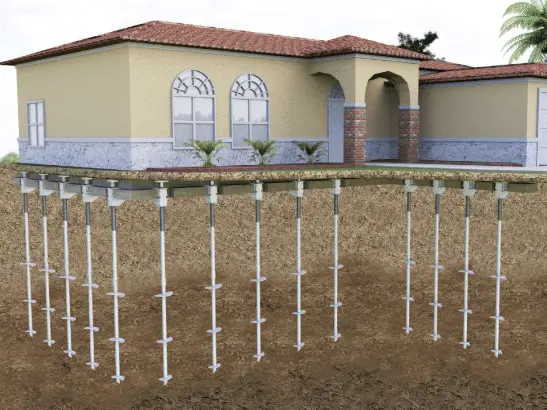 Illustration of a house held up by a row of helical piers driven deep into the soil under its foundation