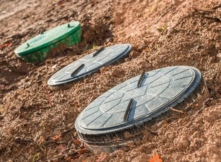 Round drain and catch-basin covers set into the soil of a yard
